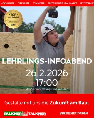 Der Lehrlingsinfoabend 2026 findet am 26. Februar um 17 Uhr statt.
